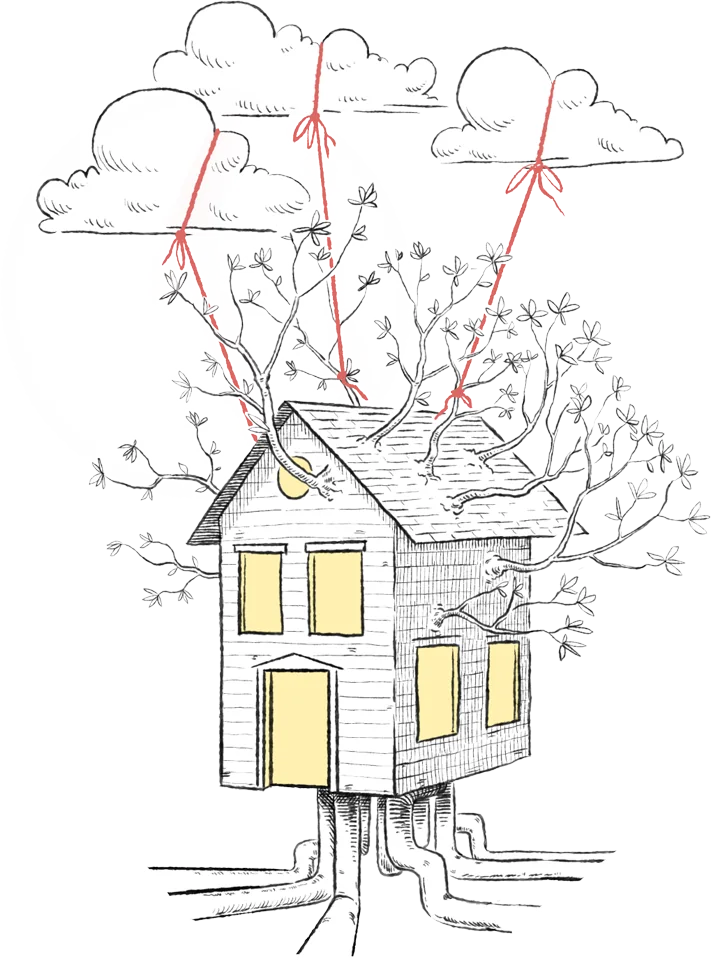 The Tree House from The Community Garden, held aloft by clouds on strings