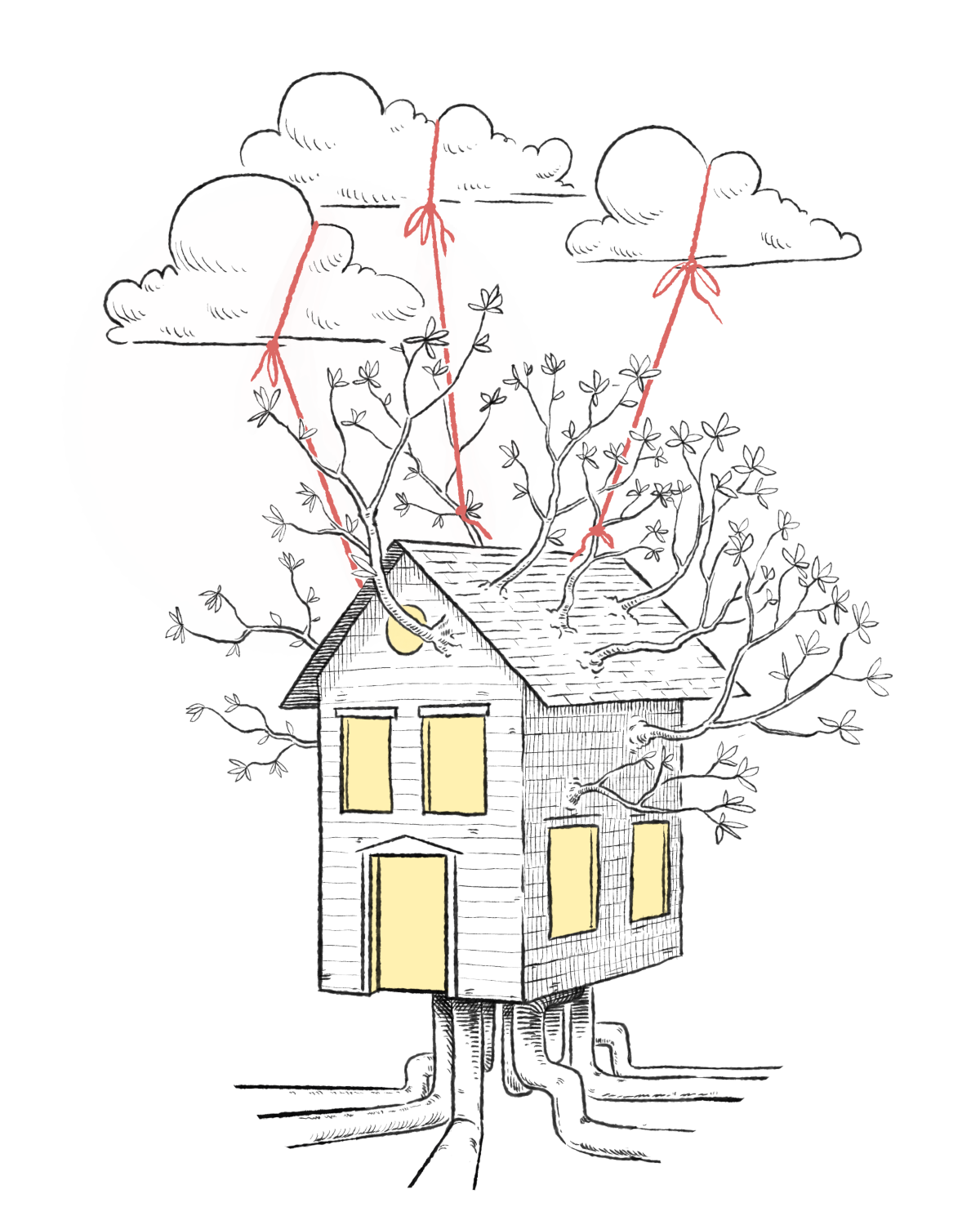 The Tree House from The Community Garden, held aloft by clouds on strings
